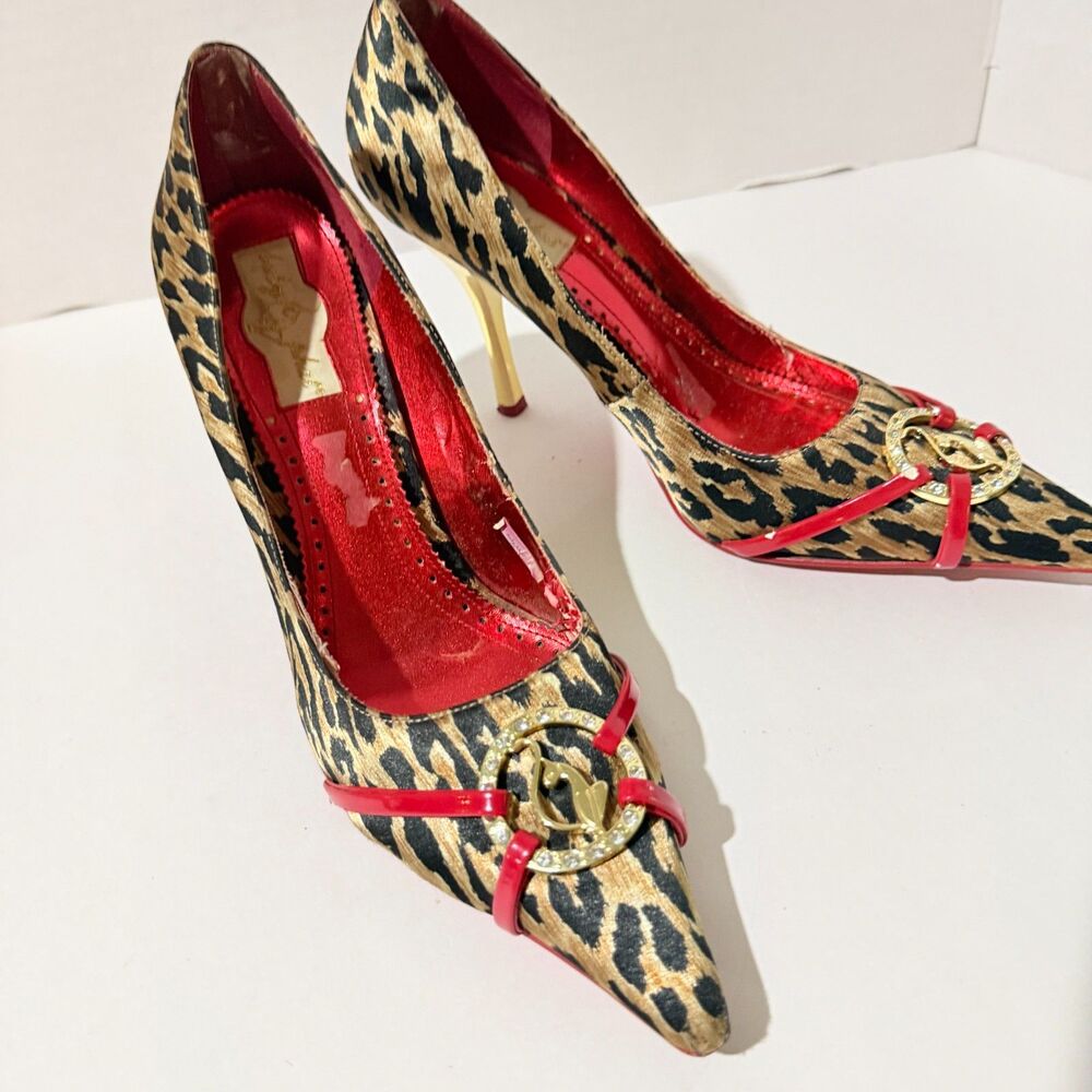 Baby Phat, Y2K Leopard Pointed Toe Embellished Heels, 8 Red Gold Cat Medallion